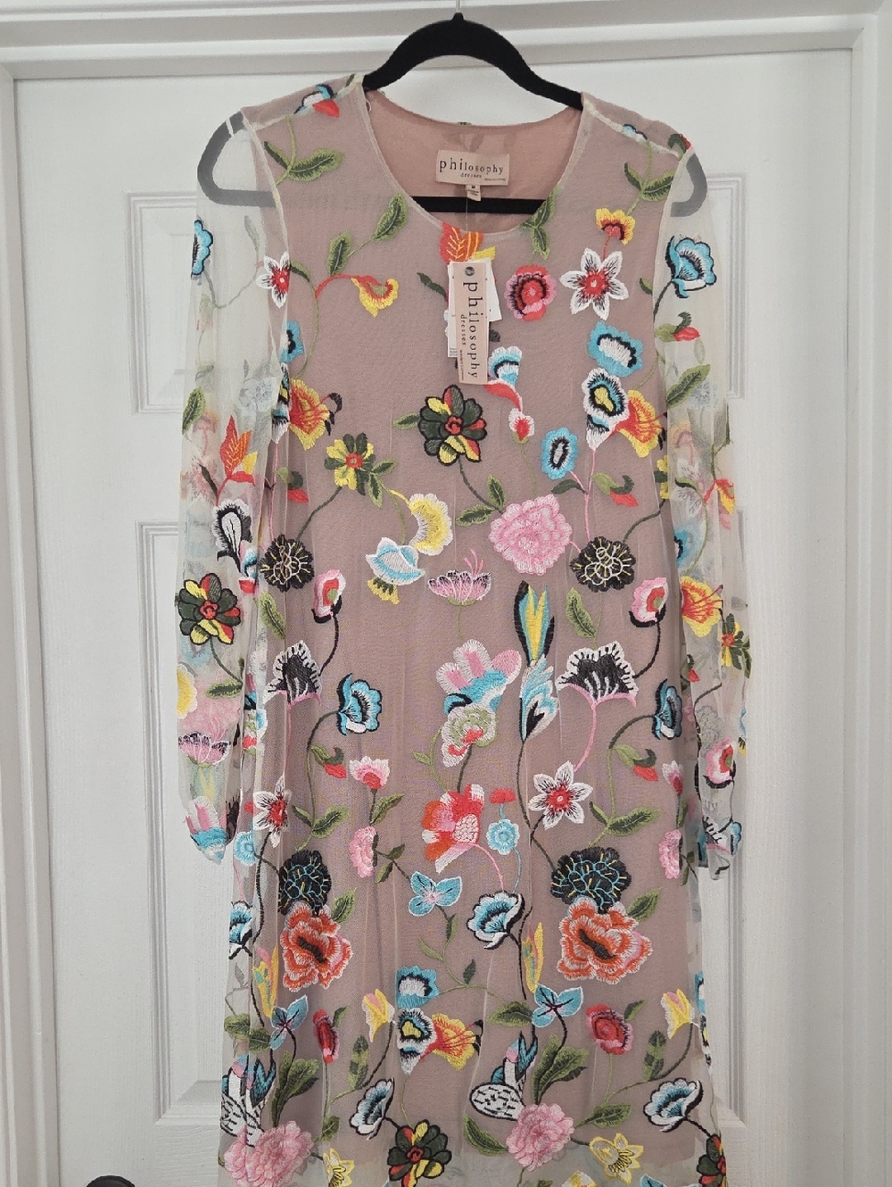Philosophy taupe mesh dress with multicolor floral embroidery